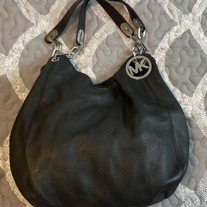 Michael Kors Black Pebbled Leather Shoulder Hobo with MK Charm